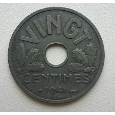 Монета 20 сантимов 1944 год Франция.